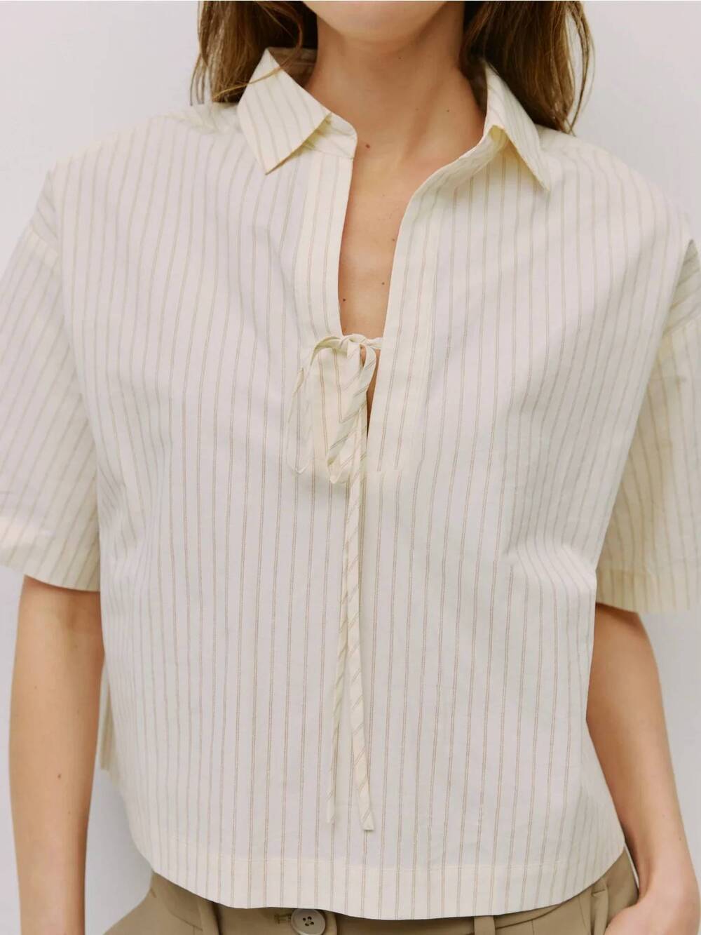 NEW MOD REF pinstripe oversized tie front collared shirt in beige